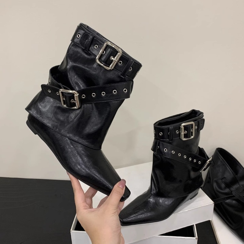 Soft Sole Booties - Belt Buckle Sleeve Low Heel Boots